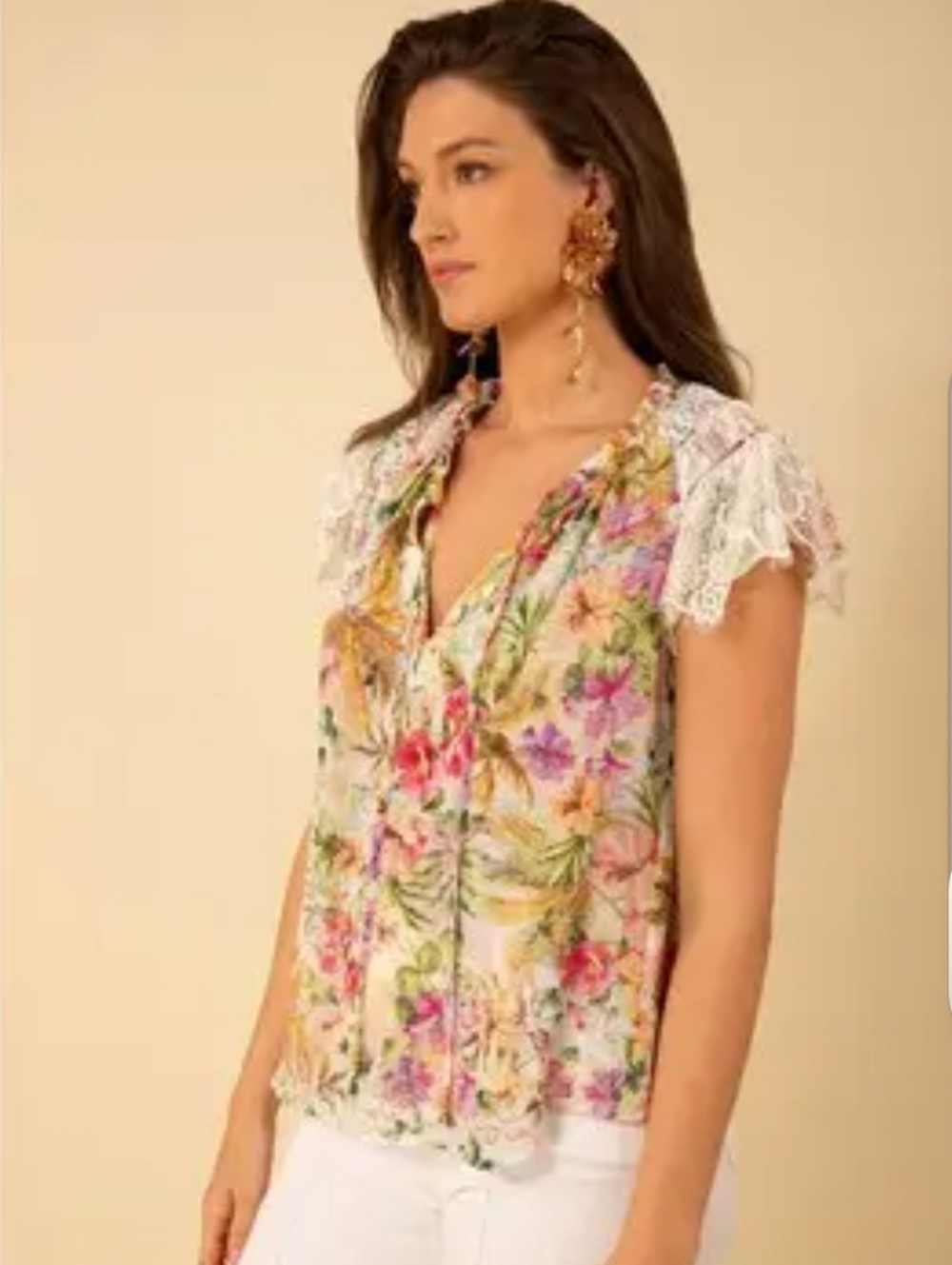 Hale Bob Kailani Top Lace Sleeves Floral Beaded Tie Neck Viscose XS